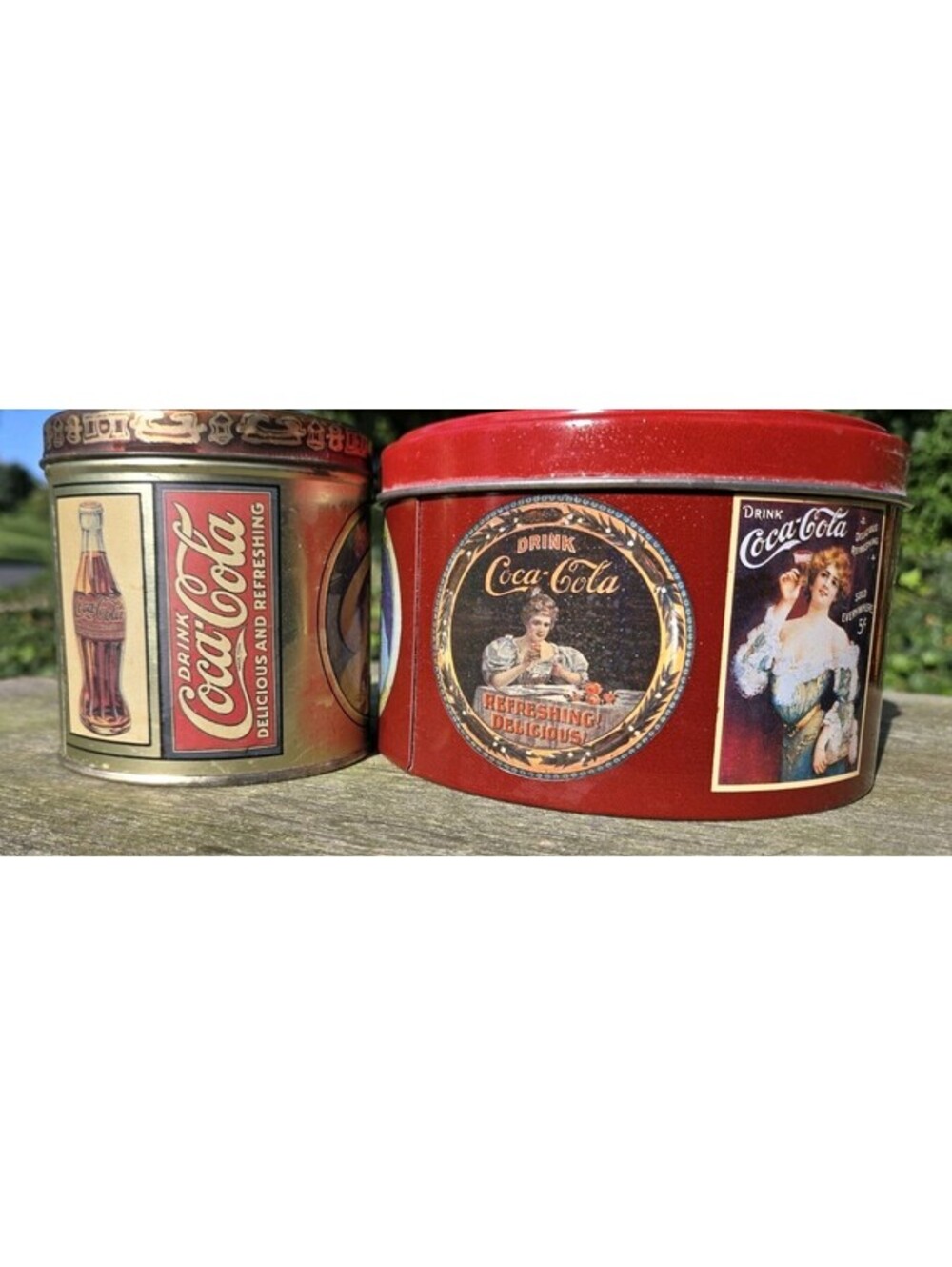 2 Vintage COCA COLA Round Tin Boxes. 1 Bristol Ware 1 Unbranded Nice!